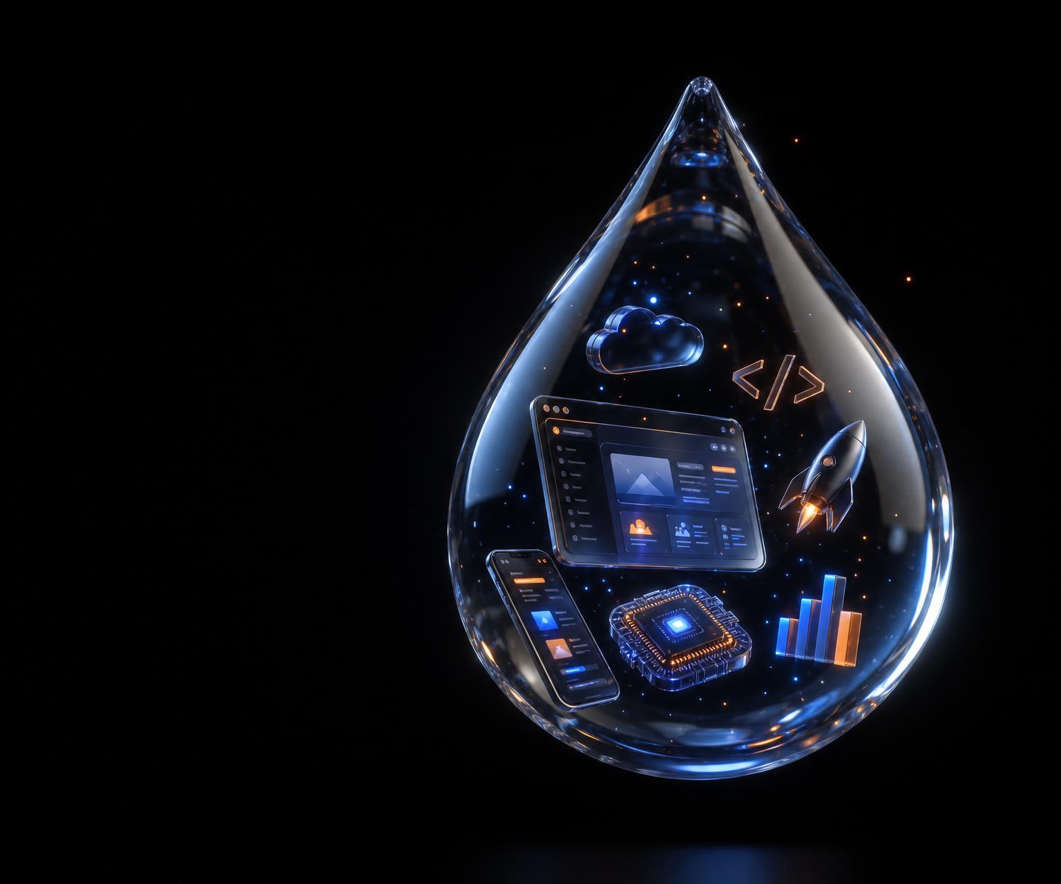 A crystalline glass droplet containing a floating ecosystem of digital products — representing the HubNest universe.
